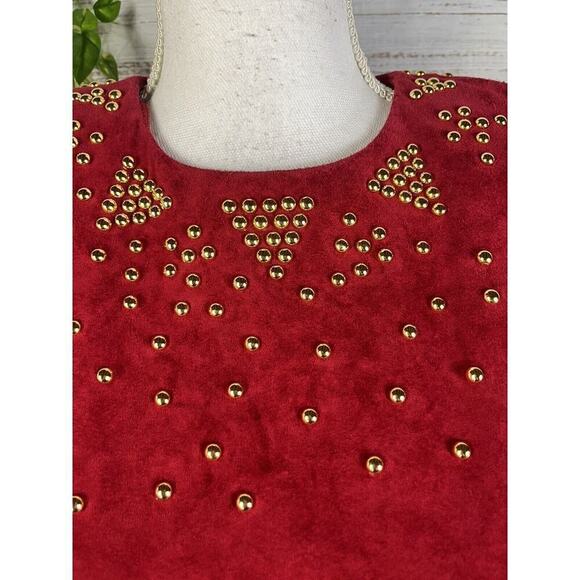 Pia Rucci Vintage Red Leather Dress size 12 Gold Studs 80's Dynasty Christmas - Picture 8 of 16